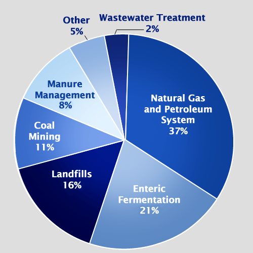 Pie chart of U.S. methane emissions by source. 37 percent is from natural gas and petroleum systems, 20 percent is from enteric fermentation, 17 percent is from landfills, 10 percent is from coal mining, 7 percent is from manure management, 5 percent is from other sources, and 4 percent is  from wastewater treatment.